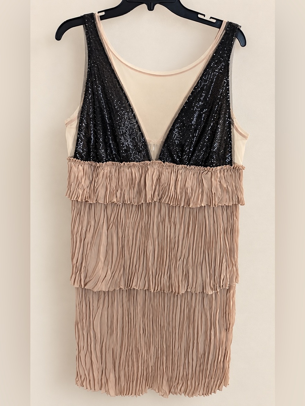 BCBGMaxAzria Black and Beige Tiered Fringe Sequin Dress